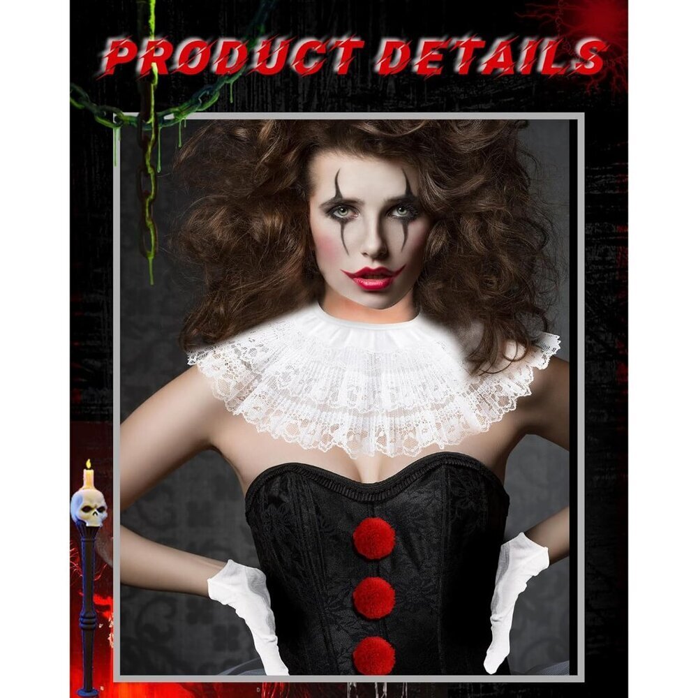 Women's Creepy Clown Costume Accessories Gloves Collar Stockings Pompoms - Picture 4 of 6